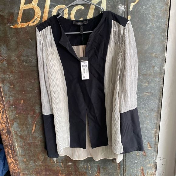 BCBG Maxazria NWT "Joe" Black White Stripe Blouse Size Medium, MSRP $228 - Picture 3 of 11